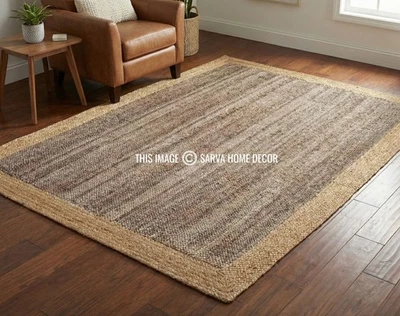 Rectangular natural Braided Jute Area Rug, brown Natural Border Earthy Floor Mat - Image 1 of 4