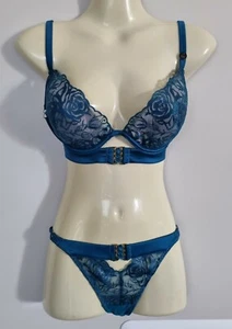 Ann Summers THE SATIN DESIRE Plunge Bra & Thong Set 10D 32D 10 Teal Green - Picture 1 of 5