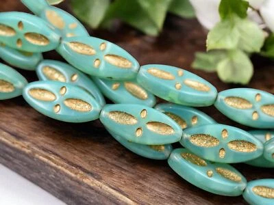 20x9mm Gold Washed Aqua Opal Marquise Oval Czech Glass Beads 8 Beads - Image 1 of 4