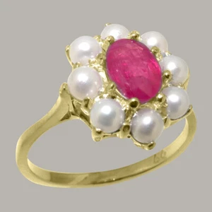 9k Yellow Gold Natural Ruby & Cultured Pearl Womens Cluster Ring - Sizes 4 to 12 - Picture 1 of 5