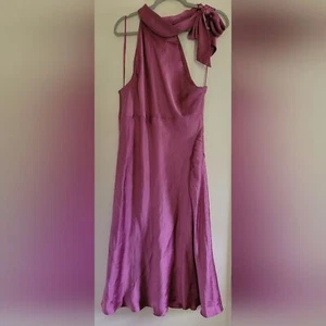Vestido Anne Klein Años 90 Rosa Fucsia 100% Seda Halter Cuello Atado Línea Satén Midi 16 - Imagen 1 de 7