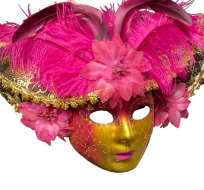 DELUXE Masquerade Mask Hat & PINK Feather GOLD FACE Costume Halloween Mardi Gras - Image 1 of 3