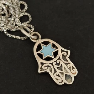 Men's Silver Hamsa Star of David Necklace Vintage Filigree Blue Abalone 925 17" - Picture 1 of 16