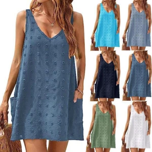 UK Women Casual Beach Cover Up Tops Mini Dress V neck Loose Top Holiday Sundress - Picture 1 of 19