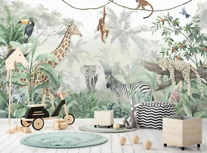 Carta da parati Giungla e Animali Murale Bambini Decorazione da parete Stanza Bambini Asilo - Foto 1 di 10