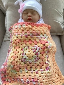 Hand crochet dolls/teddy blanket in soft chunky acrylic yarn -peach and pinks - Picture 1 of 3