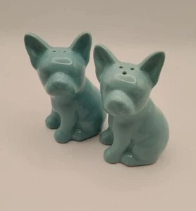 French Bulldog Stoneware Turquoise Blue Salt & Pepper Shakers 3.5" - Picture 1 of 7