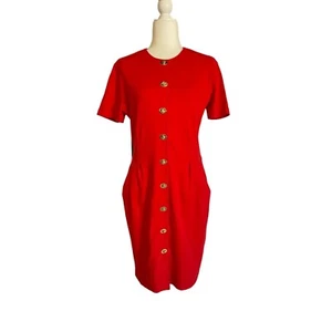 Vintage 80s Adrienne Vittadini Red and Gold Button-Down Dress - Picture 1 of 5