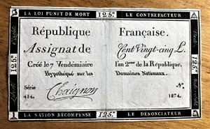 1793 France Revolution Assignat 125 libbre RADAR serie 414 numero 1874 P # A74 - Foto 1 di 2