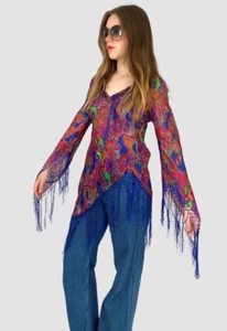 Top boho hippy anni 70 vintage donna trasparente manica lunga bias seta frange floreali - Foto 1 di 3