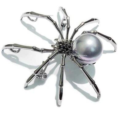 Spider Silver Pearl Crystal Rhinestone Brooch Pin / Pendant and Gold Bag - Image 1 of 4