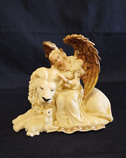 Vintage Resin Laying Lion, Lamb & Angel Figurine, Cream And Gold 