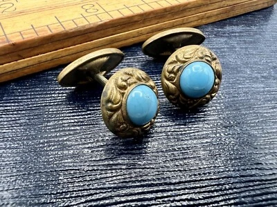 Gemelos antiguos vintage ornamentados redondos cabujón de vidrio turquesa tono dorado Foto 1 de 4