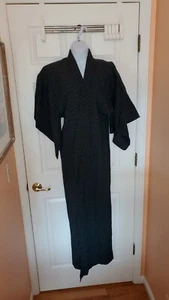 Vintage Seide/Viskose Krepp schwarz & blau japanisch volle Länge 59" Kimono mit Futter - Bild 1 von 12