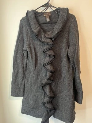 Fenn Wright Manson Gray Ruffle Lambs Wool Long Heavy Cardigan Medium Snap Close - Image 1 of 4