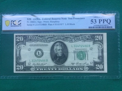 Bonito billete de 20 dólares de la Reserva Federal de San Francisco 1950A graduación profesional-53 PPQ sobre sin circular Foto 1 de 4