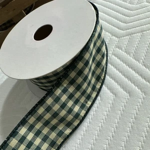 NEW PRIMITIVE CHECK RIBBON WITH WIRE EDGES 1- 1/2” X 10 YARDS GREEN - Picture 1 of 2