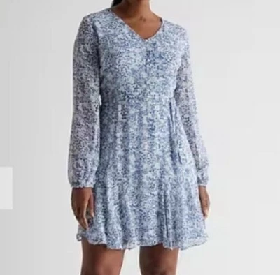 Vestido Floral Express Para Mujer xL Corbata Cintura Azul Chifón Manga Larga Chica Foto 1 de 4