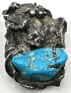 Sterling Silver Turquoise Brutalist Pendant Artisan Natural - Picture 1 of 8