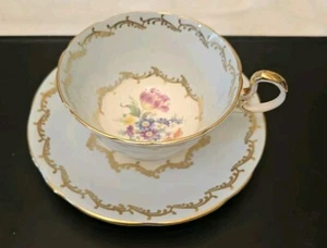 VTG AYNSLEY Blue Cabbage Rose Floral CUP & SAUCER England Bone China Vintage - Picture 1 of 5