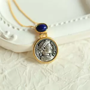 F18 Anhänger Kette Nachbildung alte Münze König Silber 925 vergoldet Lapislazuli - Bild 1 von 7