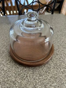 Vintage Retro Mid Century Boho Glass Dome Cloche Teak Wood Cheese Tray Board - Picture 1 of 8