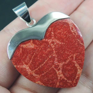 925 Sterling Silver Heart Shaped Natural Red Coral Pendant Jewellery,RCP-212 - Picture 1 of 6