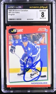 Joe Sakic Signed 1991-92 Score Canadian English Card #25 CGC 8 JSA 10 Auto - Picture 1 of 2