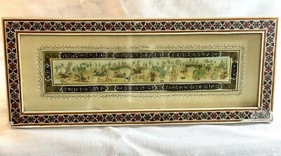 Pintura persa original vintage osso de camelo cor água azulejo e moldura de madeira - Imagem 1 de 4