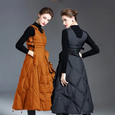Women White Duck Down Puffer Coats High Waist A-line Sleeveless Long Vest Skirts - Image 1 of 4