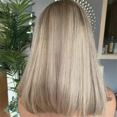 100% Human Hair Short Lace Bob Wigs Golden Ash Blonde Highlight Wigs with Bangs - Image 1 of 4