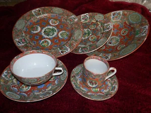 RARE Rose Canton dinnerware 23 pieces cr. before 1890 Tomato color background - Picture 1 of 23