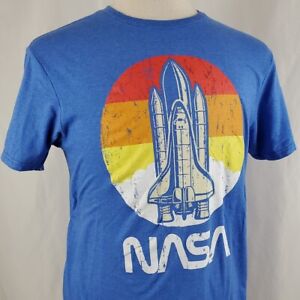 T-shirt navette spatiale de la NASA adulte moyen coton mélangé bleu col cou cinquième soleil