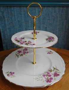 2 tier china cake stand Mismatched vtg plates with pink roses & other florals - Picture 1 of 5