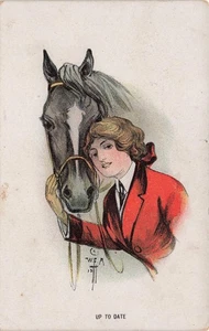 PRETTY WOMAN WITH HORSE UP TO DATE 1916 VINTAGE ARTIST POSTCARD 111325 U - Picture 1 of 2