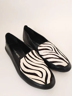 Franco Sarto Loafers Flats 6 Black Leather Zilla Loafers w Black/White Zebra Fur - Image 1 of 4