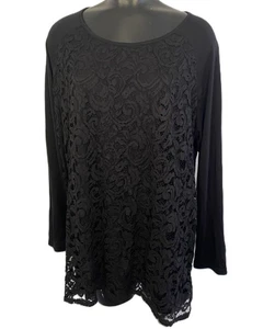 Suzanne Grae Ladies Tunic Top Ornate Floral Lace Front Sz XL/18 L/Sleeve -Black - Picture 1 of 7