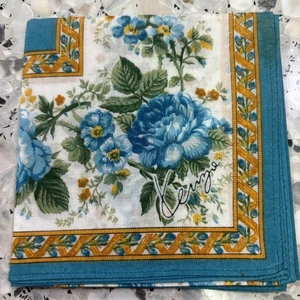 ART VINTAGE SWEET BLUE ROSE BLOSSOMS HANKY WOMAN POCKET SQUARE COTTON 17" #W257 - Picture 1 of 3