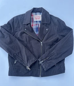 LEVI'S STRAUSS & CO Jean Jacket Women M Black Denim Zip Pockets Plaid Lining - Picture 1 of 11