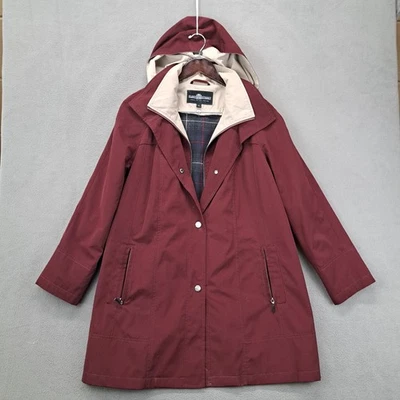 Fleet Street Womens Burgundy Hooded Raincoat Jacket XL Plaid Lined Zip Lined - Image 1 of 4