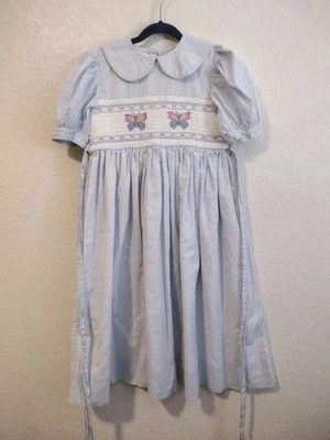 Strasburg Girls Dress Size 7 Vintage Smocked Butterfly Light Blue Lined Long  - Image 1 of 4