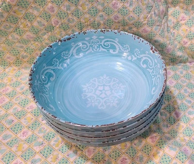 "Juego 4 cuencos Cynthia Rowley 8"" verde azulado azul remolino medallón melamina rústico" Foto 1 de 4