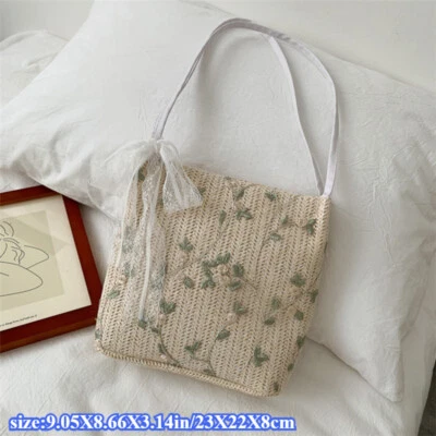 Women Straw Shoulder Bag Bucket Bag Beach Lace Woven Tote Purse Messenger Bag - Image 1 of 4