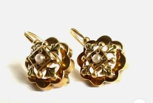 Antique French Victorian Edwardian 18k Yellow gold pearl Earrings - Picture 1 of 8