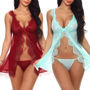 Women Sexy Lingerie Lace Mesh Eyelash Babydoll Sleepwear Sheer Teddy Nightgown - Picture 1 of 18