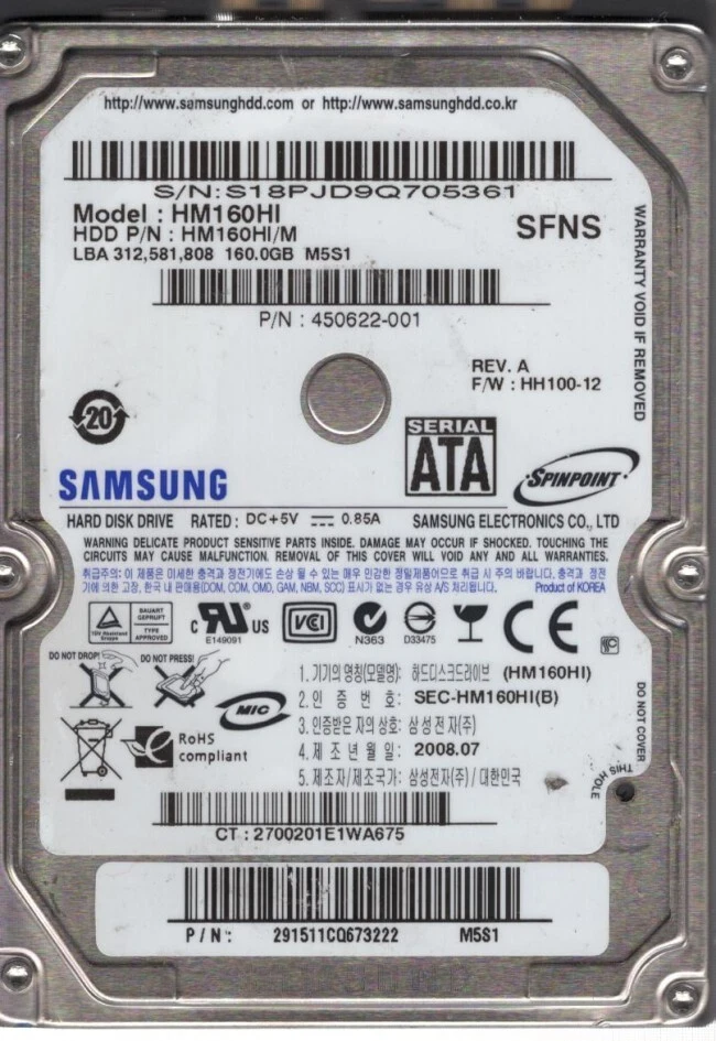 HM160HI Samsung Hd 160GB Sata 2.5 9Mm 5400RPM - Image 1 of 1