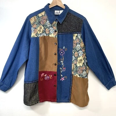 Camisa Denim Main Street Blues Mujer 18WP Parche Trabajo Abotonado Bordado Defecto Foto 1 de 4