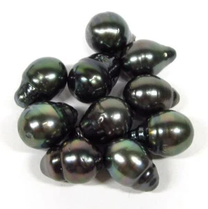 10 pcs 9-10mm Undrilled Long Tear Drop Baroque Tahitian Black / Green Pearl - Picture 1 of 3