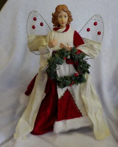 Topper de árbol de ángel vintage 2001 rojo multi 16" X 11" alas de alambre resina cara y manos - Imagen 1 de 12