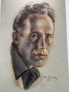 Vtg Pastel Portrait Drawing 18x12” Peter Bruning Signed Humphrey Bogart Art 1981 - Picture 1 of 14
